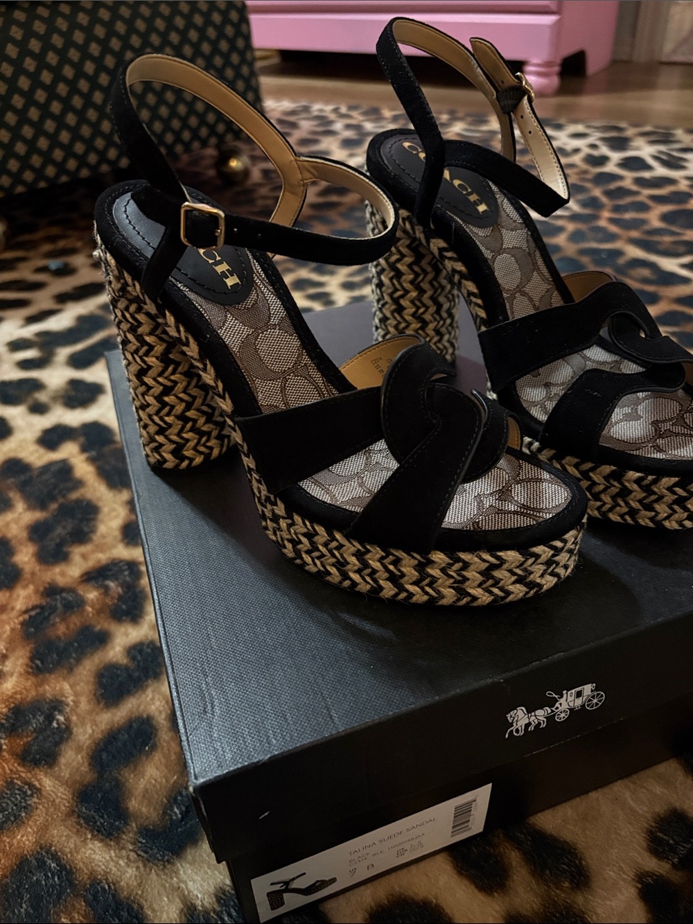 Coach Black Suede Platform Sandals with Braided Raffia Heel
